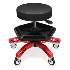 Auto Dynasty Rolling Mechanic Stool, Height Adjustable Heavy Duty Roller Creeper Garage Shop Seat with Padded Seat and Tool Storage Tray for Workshop Auto Repair, 300 LBS Capacity, Red