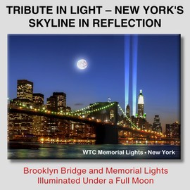 Brooklyn Bridge and Tribute in Light Magnet – 3.5x2.5 Inch NYC Night Skyline with Full Moon – Glossy Metal Memorial Fridge Magnet by ArtMalore