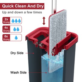BOSHENG Hands-Free Mop and Bucket Set with 3 Washable Pads, Wet/Dry Floor Cleaning System, Red/Black