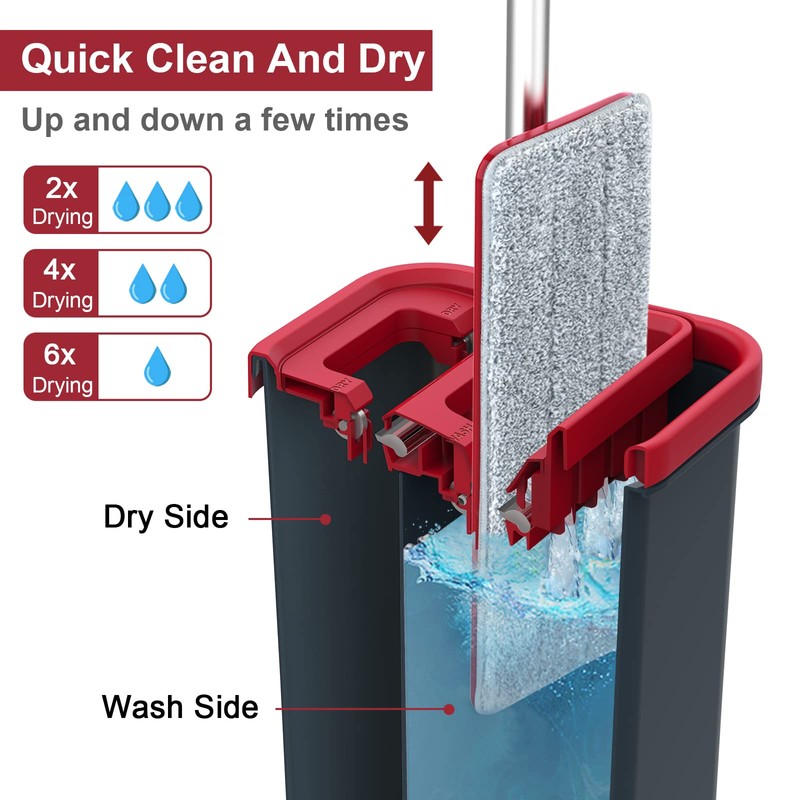 BOSHENG Hands-Free Mop and Bucket Set with 3 Washable Pads,
