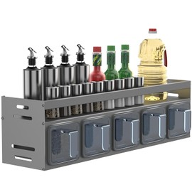 Soontrans Wall Spice Rack, 40 x 10.7 x 12.3 cm, Kitchen Shelf Wall with 5 Spice Boxes, Spice Rack, No Drilling Metal, Spice Rack, Hanging Spice Organiser for Kitchen, Worktop, Cabinet