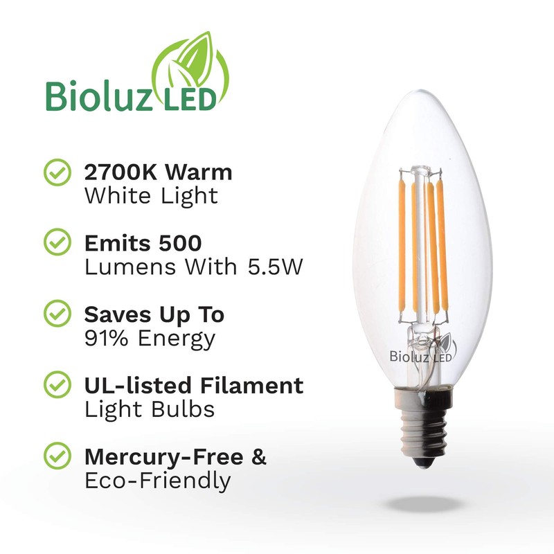 Bioluz LED 60W Candelabra Light Bulbs Uses 5.5W Dimmable E12