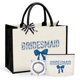 3 Pcs Bride Wedding Tote Bag with Makeup Bag and Bracelets, Bridal Shower Gifts, Bachelorette Party Bags, Coquette Bow Tote Bags with Floral for Wedding Bachelorette Party - Bridesmaid Blue