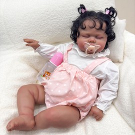 TERABITHIA 24 Inch Realistic Reborn Toddler Doll African American Baby with Curly Rooted Hair & Pink Polka-Dot Romper Lifelike Sleeping Collectible Newborn Girl Doll Gift Set