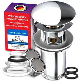 M. Rosenfeld Home Sink Drain Fitting with Chrome Overflow + 2-Piece Tap Attachment for Kitchen/Bathroom Aerator M24, Brass Pop-Up Drain Valve, 4 Replacement Seals. Installation Instructions [English