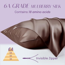 OLESILK 100% Silk Pillowcase for Hair and Skin, Both Sides 16 Momme Real Natural Mulberry Silk, with Hidden Zipper and Gift Box, 1pc, Coffee, 50x75cm