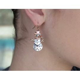 Della's Designs Snowman Dangle Earrings, for women In Tri-Tone Antique Finishes, Gold, Silver, & Copper on alloy-safe metals. A sweet Blue eyed Carrot Nosed Snowman