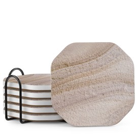 UMIRRO Stone Coasters for Drinks Absorbent for Wooden Coffee Table, Ceramic Stoneware Cup Coasters with Holder for Cold Beer or Hot Tea, Condensation Absorbing, Sandstone Style, Thirsty-Clay, 6 Pack