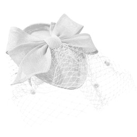 Teardrop Pointed Pillbase Large Bow Fascinator with Birdcage Veil on Headband UK (White)
