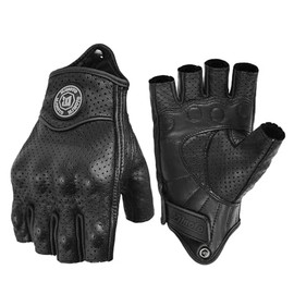 Black Goat Leather Motorbike Gloves Fingerless Vintage Perforated Motorcycle Gloves