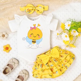 TOKIAGO 9-12 Month Girl Clothes Baby Summer Infant Cute Outfits Ruffle Bee Romper + Bow Shorts + Headband 3pcs Short Set Yellow 9-12 Months