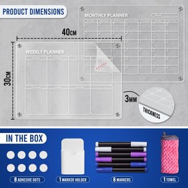 2 Pcs Magnetic Acrylic Calendar for Fridge, 16”x12” Acrylic Fridge Calendar with Monthly & Weekly Planner Including 6 Highlighted Colorfull Markers, Magnetic Pen Holder and Erase Towel