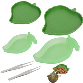 Wasserschale Terrarium, 4 Stück Reptilien Wasserschale, Reptilien Näpfe mit 2 Pinzetten aus Edelstahl, Futterschale Plastik für Schlange Schildkröte Gecko Eidechsen, Mango und Blattform