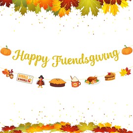 KatchOn, Gold Glitter Happy Friendsgiving Banner - 10 Feet, No DIY | Pre-Strung, Friendsgiving Decorations Banner for Friendsgiving Party Decorations | Thanksgiving Backdrop Decorations for Party