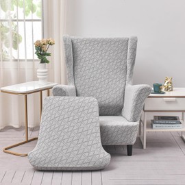 GKXLH Wingback Chair Covers - 2 IN 1 Design Armchair Covers Soft Wing Back Chair Cover Stretch Wing Chair Slipcover Furniture Protector for Living Room Bedroom Hotel (Jacquard Light Grey)