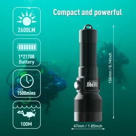 DIVEPRO S26 2600lm Compact Button Switch Diving Torch Underwater LED Flashlight
