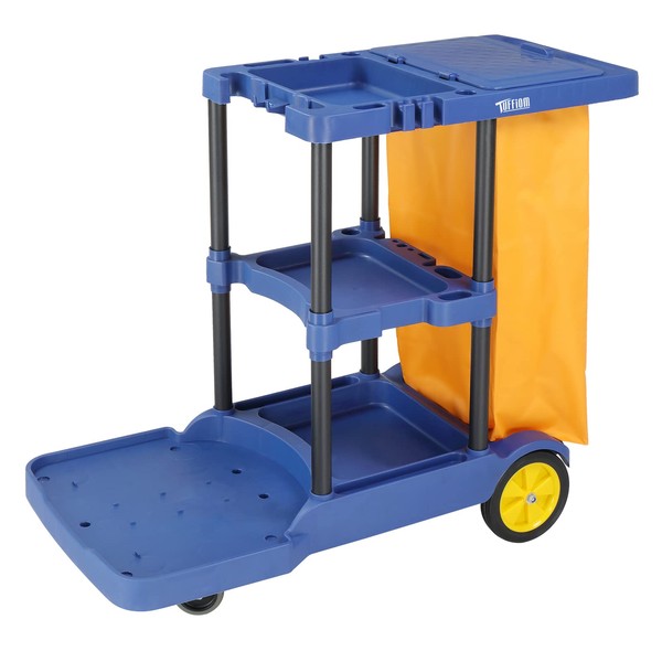 TUFFIOM Commercial Traditional Cleaning Janitorial 3-Shelf Cart, 500 Lbs Capacity Housekeeping Cart, 42.5" L x 18.7" W x 37.6" H, Wheeled with 22 Gallon Yellow Vinyl Bag and Cover w lid, Blue