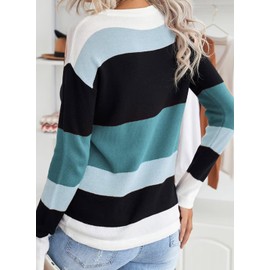 FEKOAFE Womens 2024 Fall Sweaters Trendy Causal Striped Color Block Crew Neck Long Sleeve Knitted Warm Sweaters Blue L