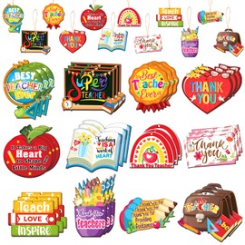 HOWAF 36pcs Christmas Teacher Appreciation Ornaments, Xmas Holiday Teacher Gifts Wood Hanging Ornament for Classroom Christmas Tree Decor, Christmas Holiday End of The Year Present for Teachers