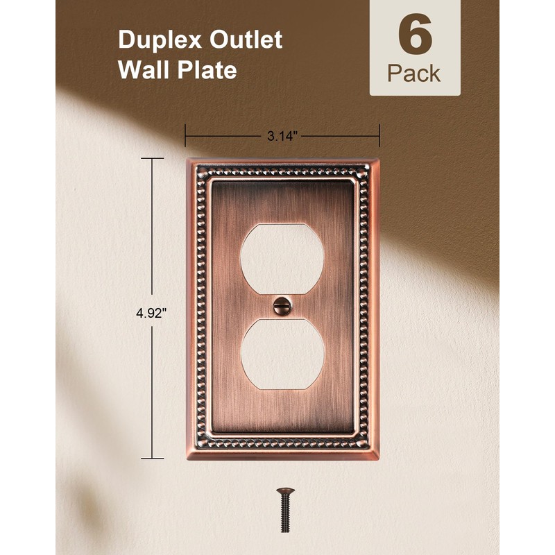 TREEWELL 6-Pack Duplex Outlet Cover Plate, Antique Copper Metal Wall