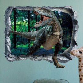 SMAOSTORE 3D Broken Wall Stickers Dinosaur Cute Animals Stylish Kids Room Bedroom Living Room Bedroom Girls Background Wall Sticker Waterproof Removable Wall Sticker