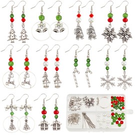 SUNNYCLUE 1 Box 10 Sets Christmas Earring Making Kit Winter Charms Bulk Xmas Tree Snowflake Snowman Charm Fashion Earrings Glass Beads for Jewelry Making Kits Adult Beginner Starter DIY Craft Supplies