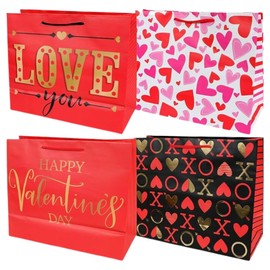 A1U Large Horizontal Valentine's Themed Gift Bags 10x12 in Home Party Favor Gifts Goody Treats Present Wrapping Bag Supply for Valentine Day Wedding Anniversary Birthday Set of 4 with HFW Bonus Gift