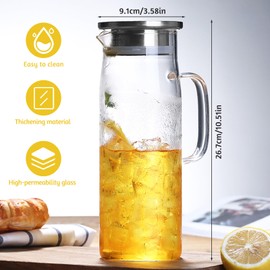 1.5 L Glass Pitcher with Lid and Spout, Cold or Hot Water Drinking Jug for Homemade Iced Tea and Juice