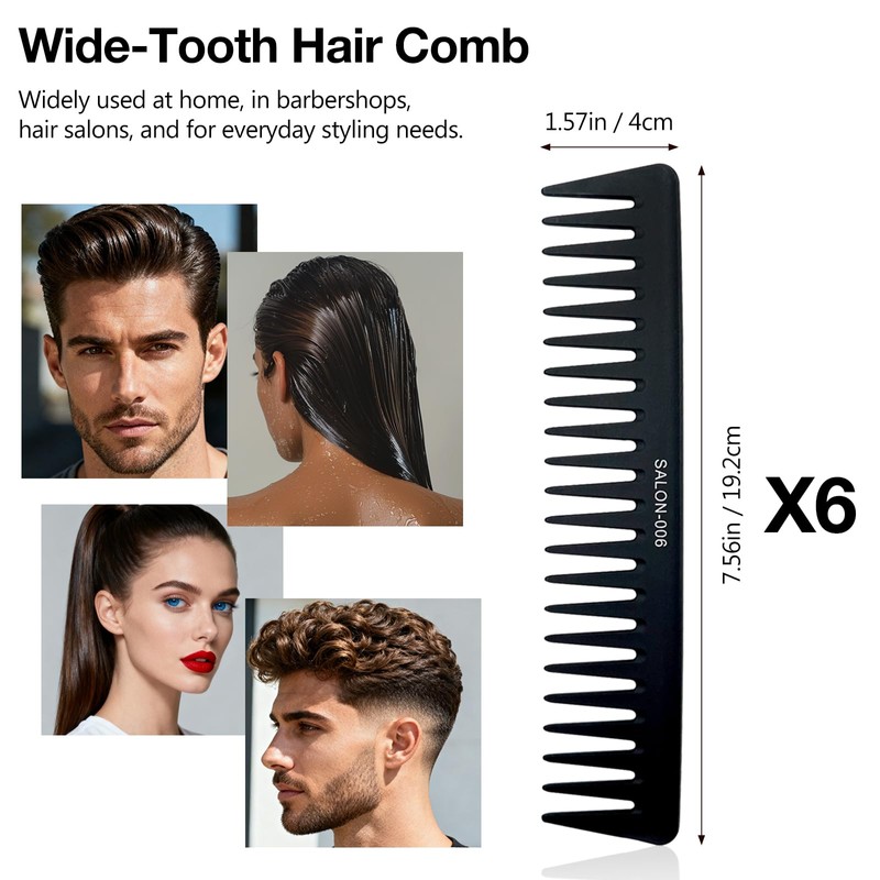 6-Pack Wide Tooth Hair Combs for Men, Durable Detangling &