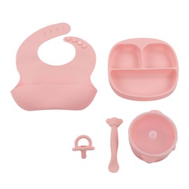 Baby Feeding Set Baby Silicone Anti Fall Portable Feeding Eating Sets Divided Plates Bowls Bibs Pacifiers Spoons Supplies Pink