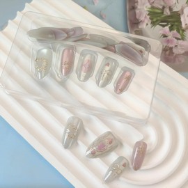 24Pcs Aurora Pink Press on Nails Medium Almond Fake Nails with 3D Heart Acrylic Nails Bohemian Style Design Bow Glue on Nails Gold Silver Star Cute False Nails Glitter Pink Stick on Nails for Women