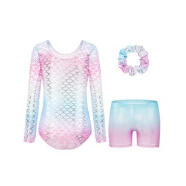 JiAmy Leotards for Girls Gymnastics, Long Sleeve Sparkly Dance Biketards with Shorts Ballet Tumbling Outfit Mermaid Scale 3-4 years
