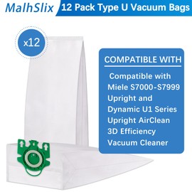 Type U 3D Airclean Vacuum Bags Compatible for Miele S7000-S7999 Upright and Dynamic U1 Series Upright AirClean 3D Efficiency 12 Packs Vacuum Cleaner Bags,3 Pre-Motor and 3 Post-Motor Filters
