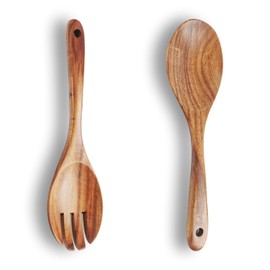 2 x Wooden Spoons, Serving Cutlery Set, Salad Spoon and Salad Fork, Wood, High-Quality Wooden Cutlery Made of Teak Wood Kitchen Aid