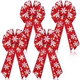 Wavwavw 4 Pcs Christmas LED Wreath Bow Burlap Red Lighted Bows 10 x 18 Inch Buffalo Plaid Truck Snowflake Xmas Tree Topper Ornaments Front Door Wall Decor for Indoor Outdoor Winter(Snowflake)