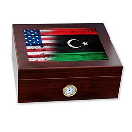 ExpressItBest Premium Desktop Humidor - Glass Top - Flag of Libya (Libyan) - Wood with USA Flag - Cedar lined with humidifier & front mounted hygrometer.