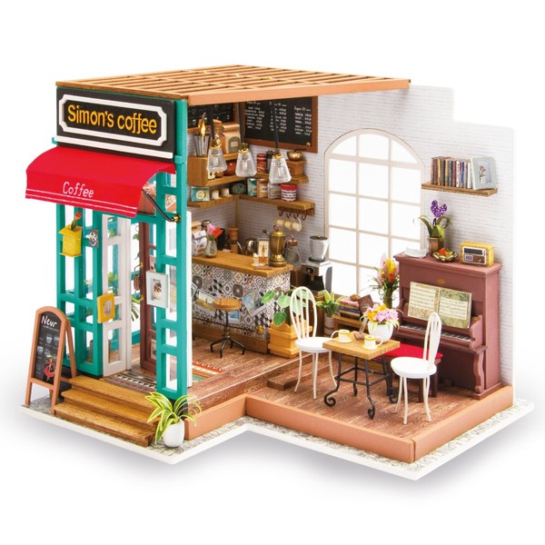 Hands Craft DIY Miniature Dollhouse Kit - Simon's Coffee 3D Model Tiny House Building with LED Lights Wood Prefabricated Pieces Puzzle 1:24 Scale Crafts for Adults and Teens DG109