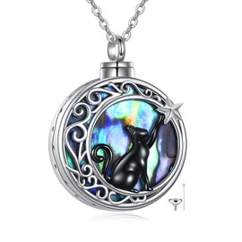 YFN Cat Urn Necklace for Ashes Sterling Silver Black Cat Moon Abalone Shell Pendant Keepsake Memorial Cremation Jewellery for Women, Sterling Silver, No Gemstone