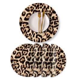 BaHomeck Faux Leather Placemats Set of 4,Golden Brown Bionic Leopard Print Ding Table Round Placemat Heat-Resistant Waterproof Non-Slip Place Mats Kitchen Living Room Decoration,13inch