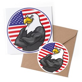 1 x Greeting Card & 10 cm Round Sticker Set - American Bald USA Eagle Flag - Birthday Thank You Friend Lover Fan Mum Dad Kids #4389