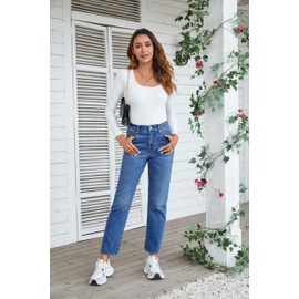 Women's Vintage Style Ankle Jeans Casual Work Denim Pants with Pockets High Waisted Mom Jeans Indigo