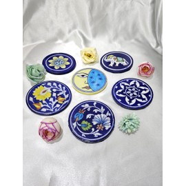 Tradition Treasure Jaipur Blue Pottery Handcrafted Ceramic Round Coasters Set of 6 – Multicolor, Assorted Design | Durable, Non-Toxic, Eco-Friendly | Reusable Drink Coasters for Coffee Table | 4"