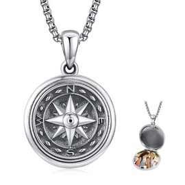 KINGWHYTE Sterling Silver Locket Necklace Compass Photo Locket Memory Pendant Necklace for Women Men Girls With Leather Rope length 20inch (50cm)