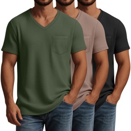 Huukeay 3 Pack Men's Waffle Shirts V Neck Tee with Pocket Short Sleeve Textured Knitted Summer Casual Basic Tops(Black, Army Green, Coffee,Large)
