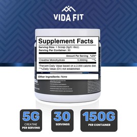 Micronized Creatine Monohydrate Powder, Vegan Creatine Powder Unflavoured, Supplements for Men, Pure Workout Essentials for Women, NSF Certified (150g) (5g Per Serv) (30 Servings) - Vida Fit