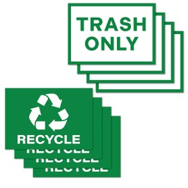 4pc Recycle Stickers + 4pc Trash Stickers | Weatherproof Vinyl Sticker Recycling Signs for Trash Bins, 7" x 10"