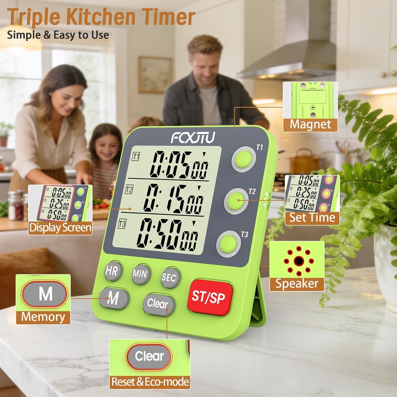 FCXJTU Digital Dual Triple Kitchen Timer, 3-Channel Magnetic Countdown Timer