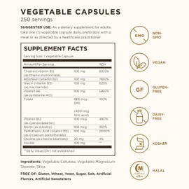 Solgar Solgar B-Complex "100", 250 Vegetable Capsules - Heart Health - Nervous System- Supports Energy Metabolism - Non-GMO, Vegan, Gluten / Dairy Free, Kosher, Halal - 250 Servings