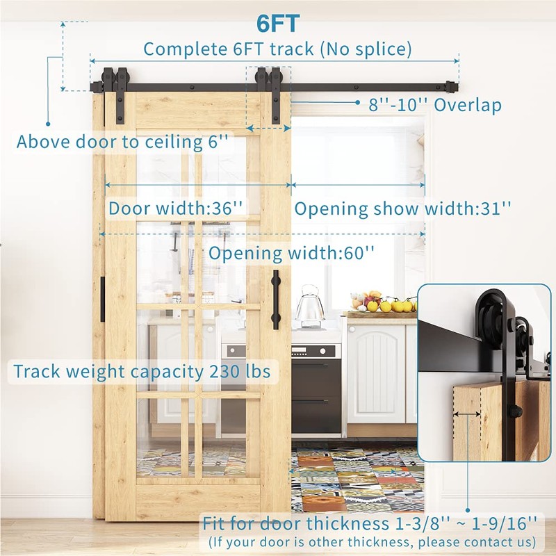 ZEKOO 6 FT Single Track Bypass Barn Door Hardware Kit,