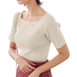 Kobe Lettuce C3147 Short Sleeve, Basic Rib Knit, Solid, Simple Sweater, Spring, Summer, Work, Commute, Fashionable, Cute, Square Neck Ecru
